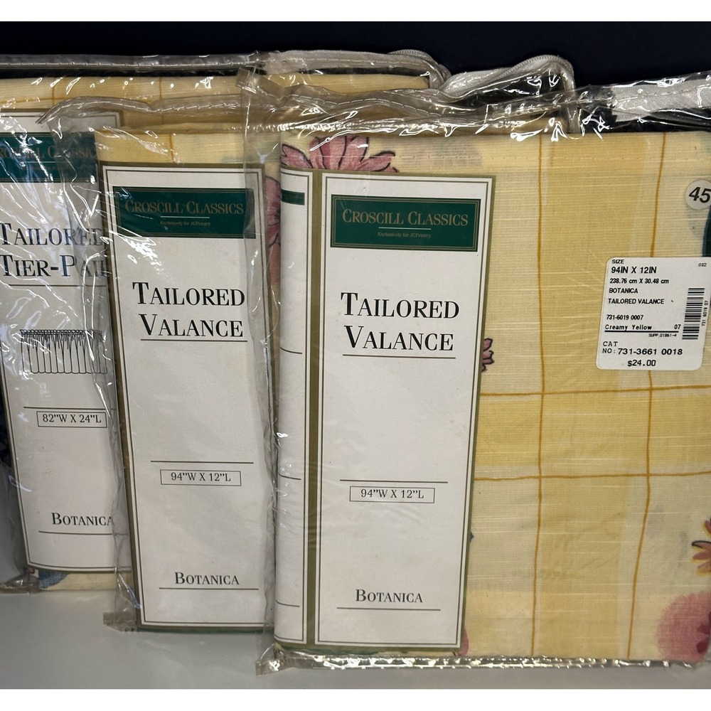 Vintage Croscill Botanica Valance & Tier Pair Set Yellow Multi NEW Floral Plaid